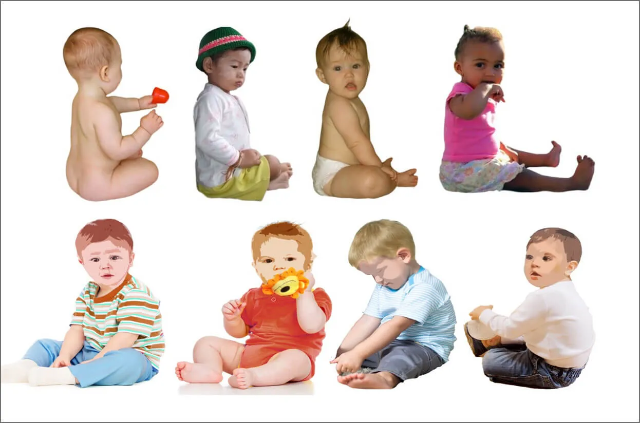 Two rows of babies showing proper posture and compromised posture.