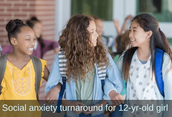 Three teen girlschatting while walking down a school hallway. Text: Social anxiety turnaround for 12-year-old girl